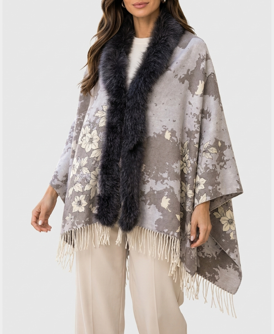 
Cashmere Blend Cape w/ Fox Fur Trim & Fringe in GREY MULTI view 1