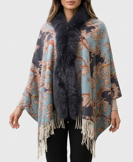 
Cashmere Blend Cape w/ Fox Fur Trim & Fringe in BLUE MULTI view 1