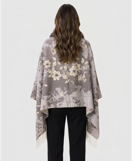 
Cashmere Blend Cape w/ Fox Fur Trim & Fringe in GREY MULTI view 2