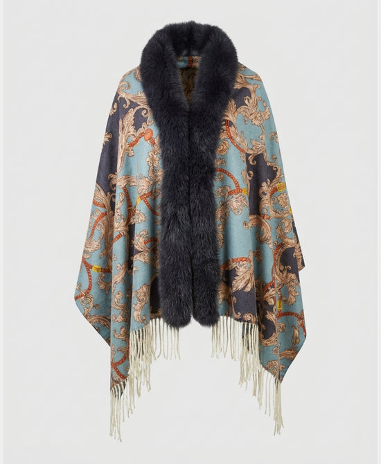 
Cashmere Blend Cape w/ Fox Fur Trim & Fringe in BLUE MULTI view 2