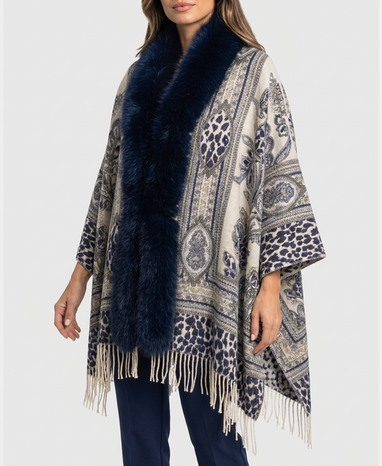 
Cashmere Blend Cape w/ Fox Fur Trim & Fringe in IVORY/BLUE view 1