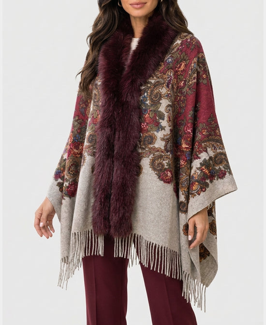 
Cashmere Blend Cape w/ Fox Fur Trim & Fringe in BURGUNDY MULTI view 1