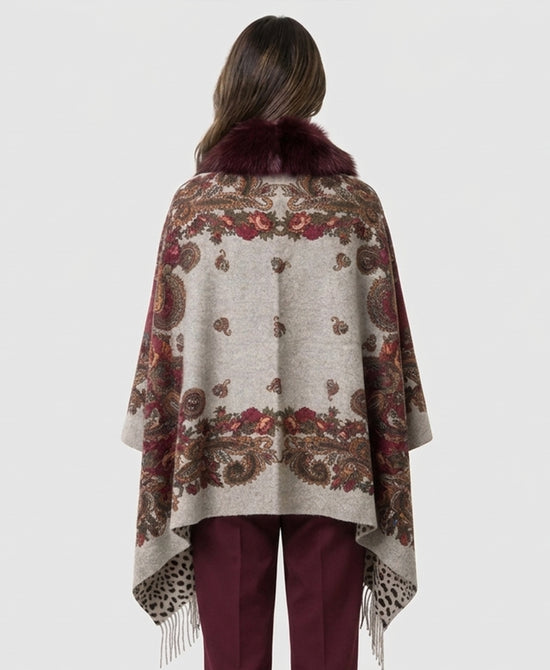 
Cashmere Blend Cape w/ Fox Fur Trim & Fringe in BURGUNDY MULTI view 2