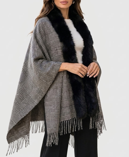 
Cashmere Blend Cape w/ Fox Fur Trim & Fringe in GREY/BLACK view 1