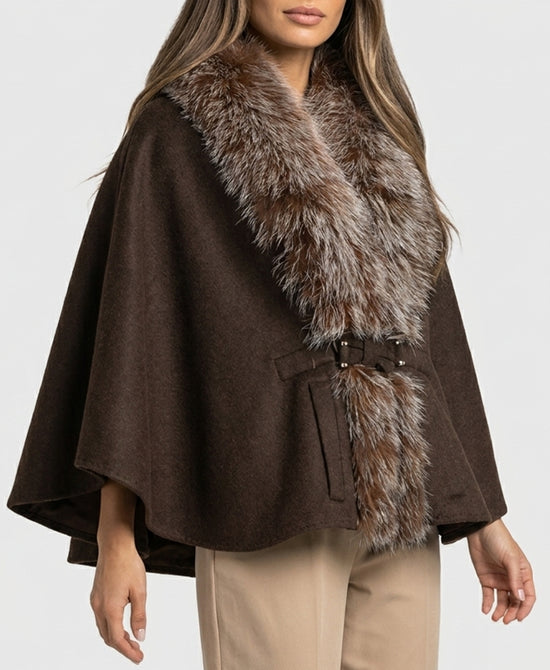 
Cashmere Blend Cape w/ Fox Fur Trim in BROWN view 1