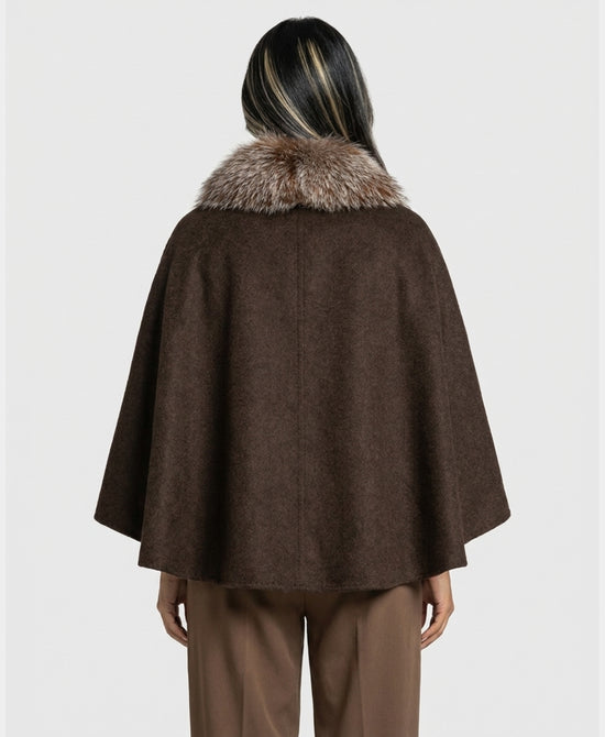 
Cashmere Blend Cape w/ Fox Fur Trim in BROWN view 2