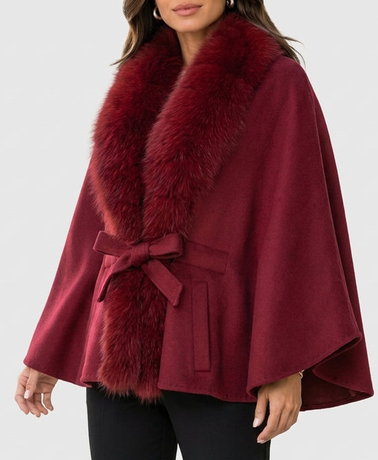 
Cashmere Blend Cape w/ Fox Fur Trim in CHERRY view 1