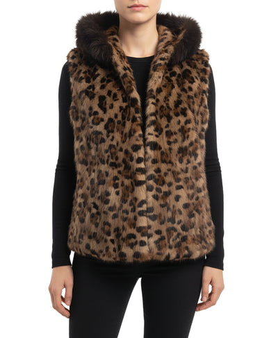 Leopard Print Mink Vest w/ Fox Fur Hood image 2