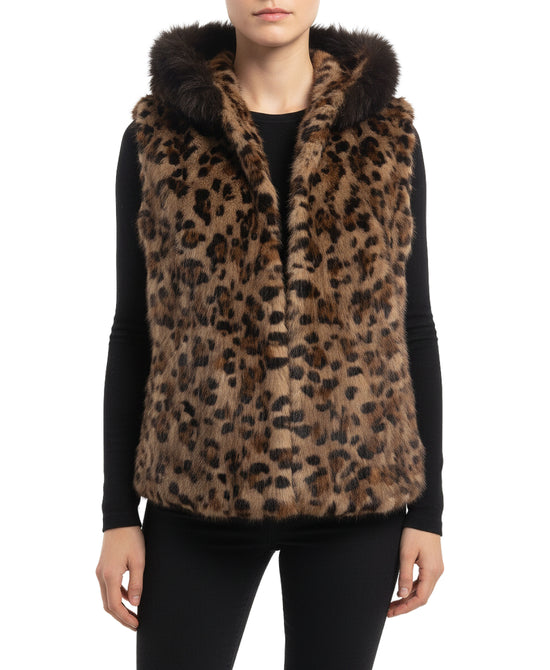 Leopard Print Mink Vest w/ Fox Fur Hood view 