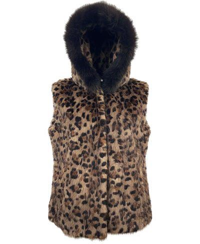 Leopard Print Mink Vest w/ Fox Fur Hood image 1