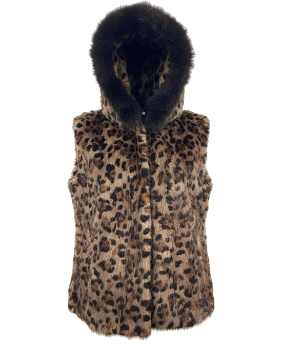 Leopard Print Mink Vest w/ Fox Fur Hood view 