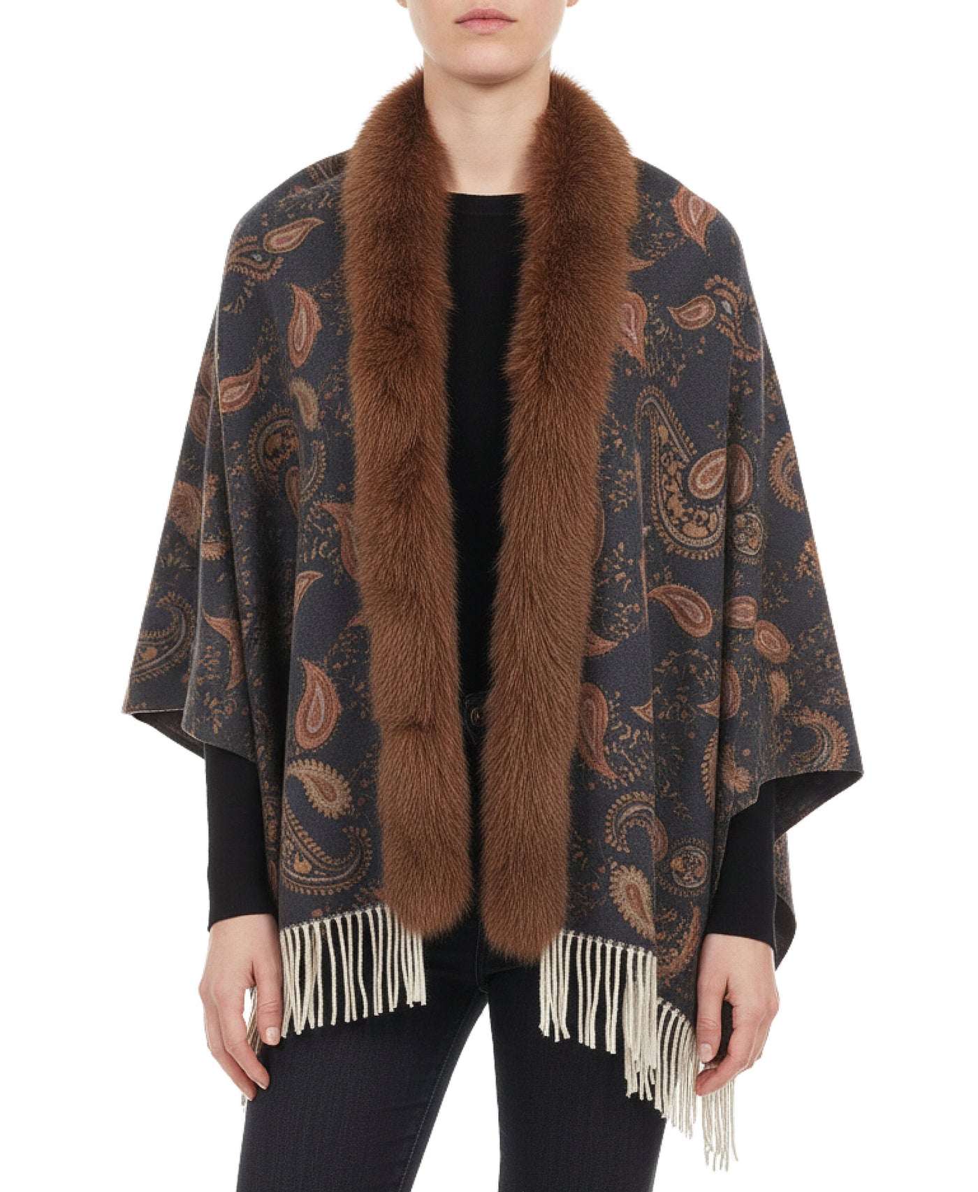 Cashmere Blend Cape w/ Fox Fur Trim view 2