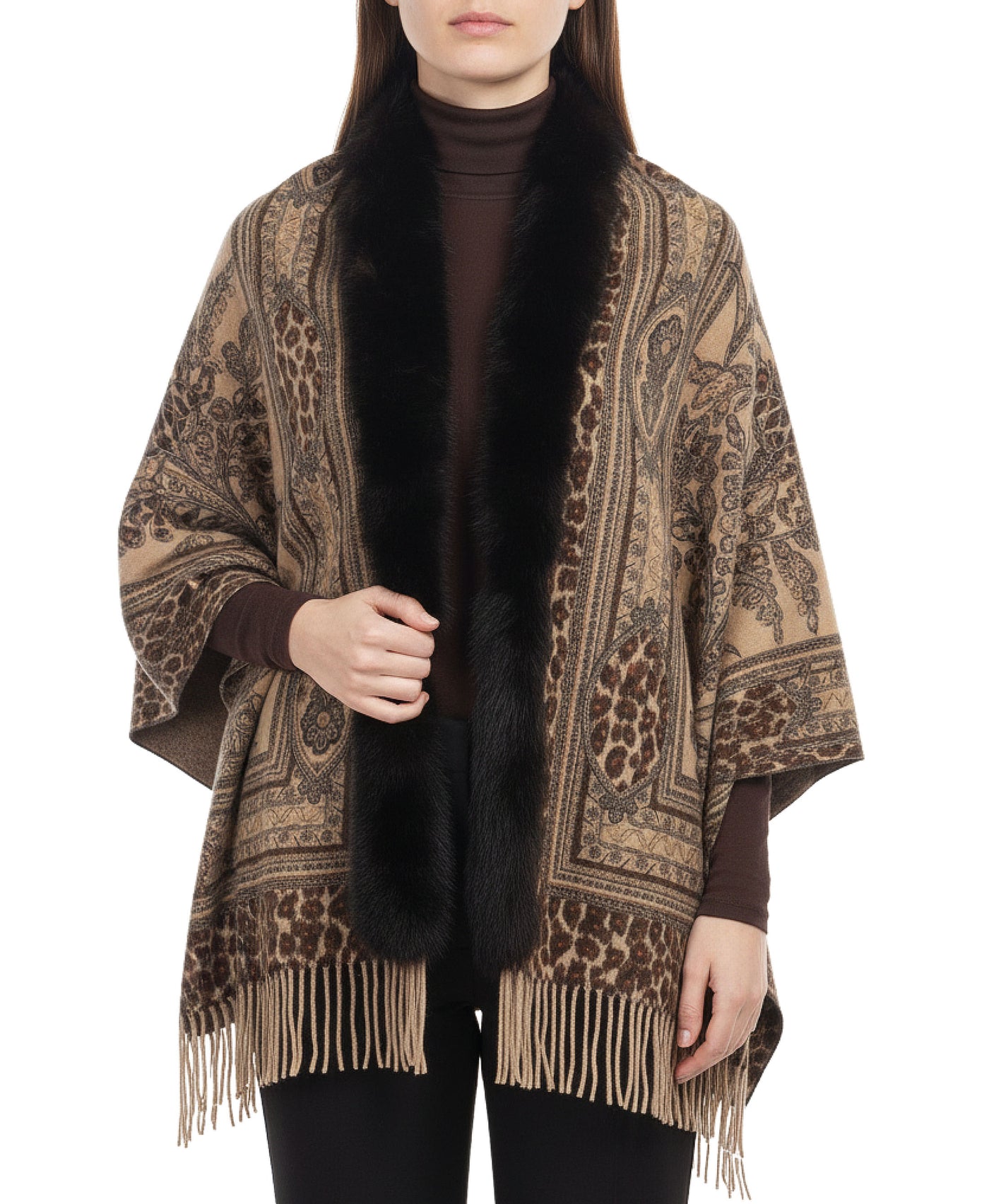 Cashmere Blend Cape w/ Fox Fur Trim view 2