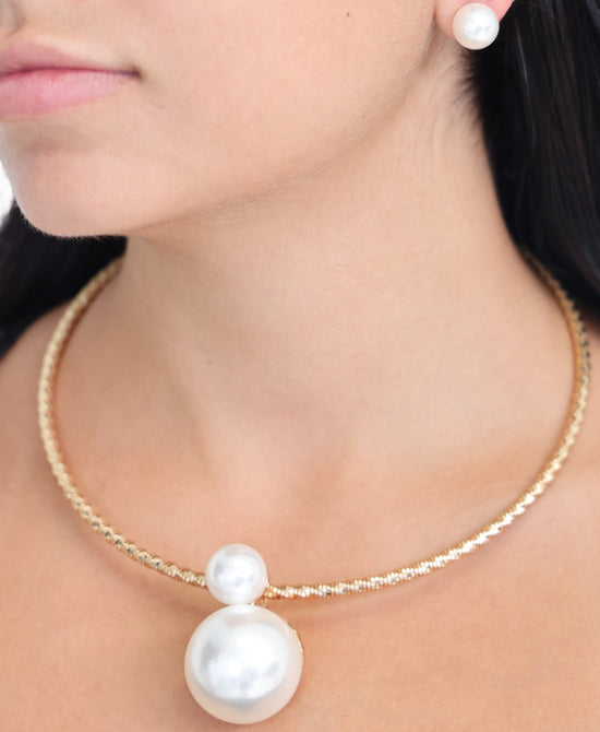 Faux Pearl Collar Necklace & Stud Earrings Set view 