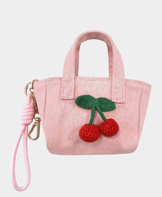 
Mini Cherry Canvas Tote Keychain/Bag Charm in PINK view 1