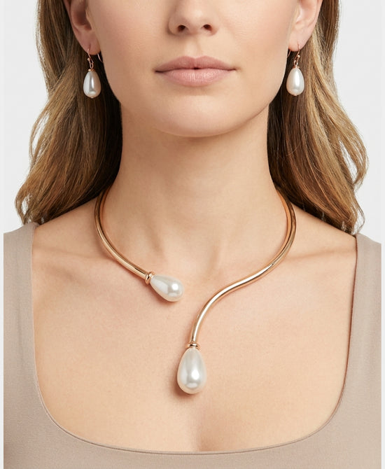 
Collar Statement Necklace & Earring Set w/ Pearls in GOLD view 1
