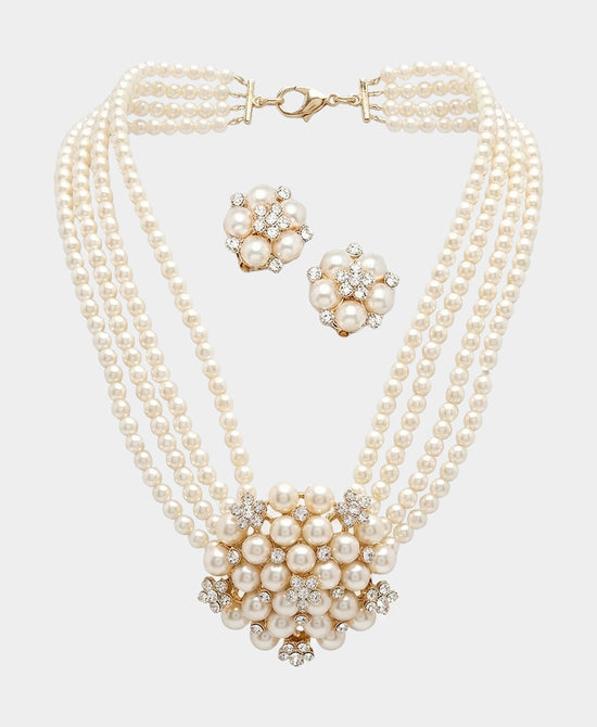 
Pearl Statement Necklace & Clip On Earrings Set in GOLD/CREAM view 2