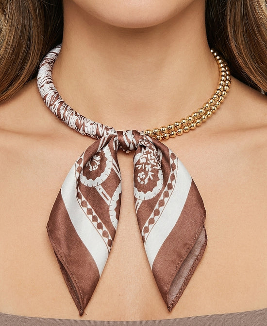 
Printed Scarf Double Beaded Necklace in BROWN/WHITE view 1