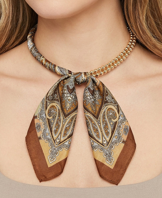 
Printed Scarf Double Beaded Necklace in BROWN view 1