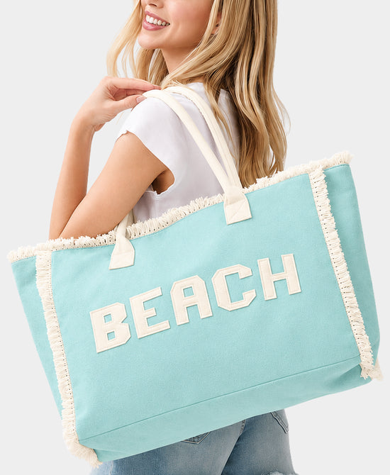 
"BEACH" Fringe Tote Bag in MINT view 2