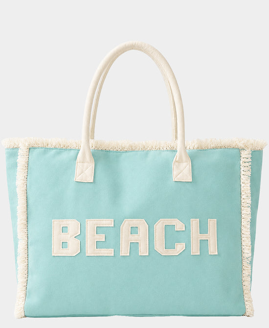 
"BEACH" Fringe Tote Bag in MINT view 1
