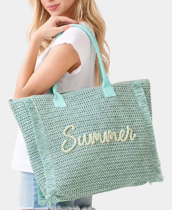 
"Summer" Straw Fringe Tote Bag in MINT view 2