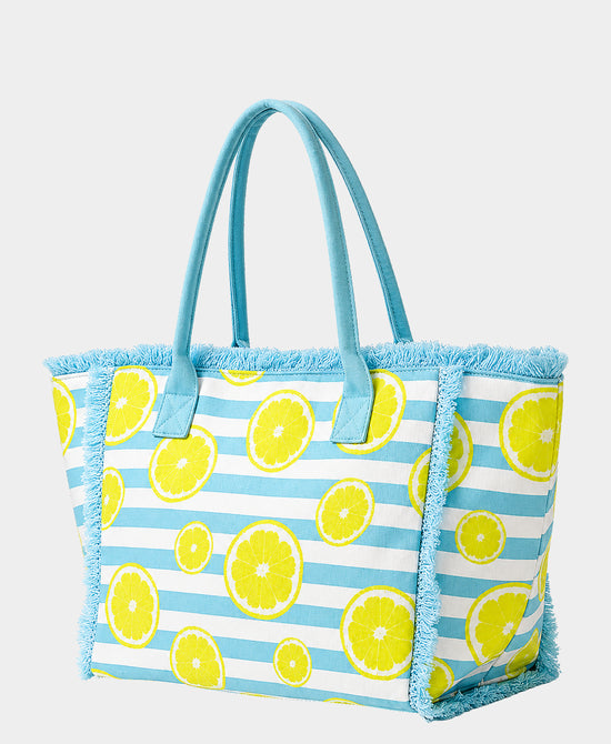 
Lemon Stripe Fringe Tote Bag in BLUE/YELLOW view 2