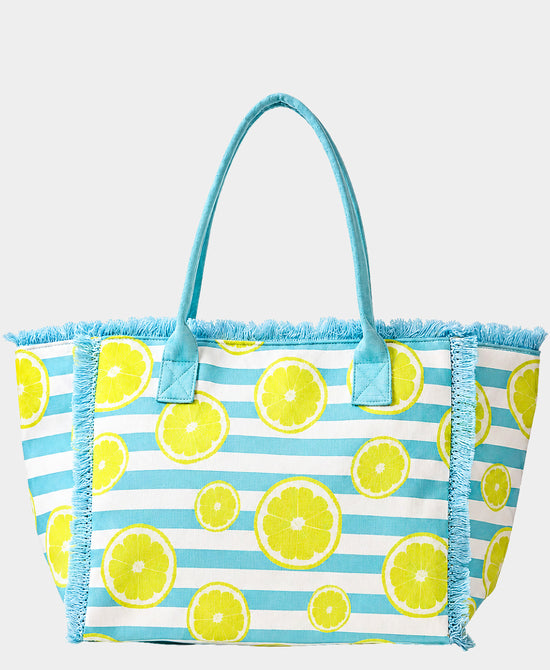 
Lemon Stripe Fringe Tote Bag in BLUE/YELLOW view 1