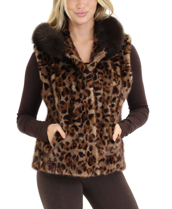 Animal Print Mink Vest w/ Fox Fur Hood view 