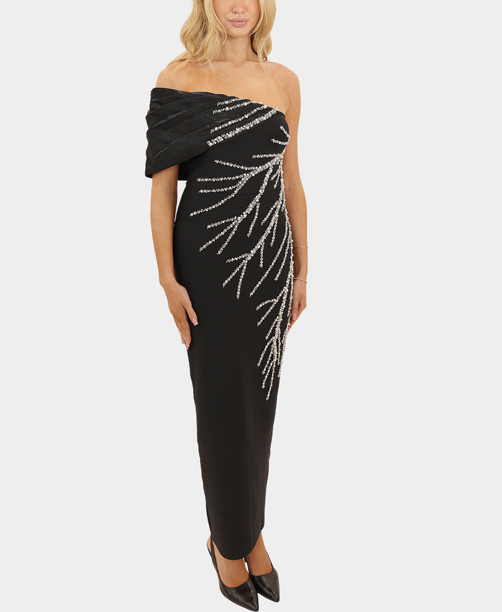 Bodycon Maxi Dress w/ Pearls & Rhinestones S-M / Black