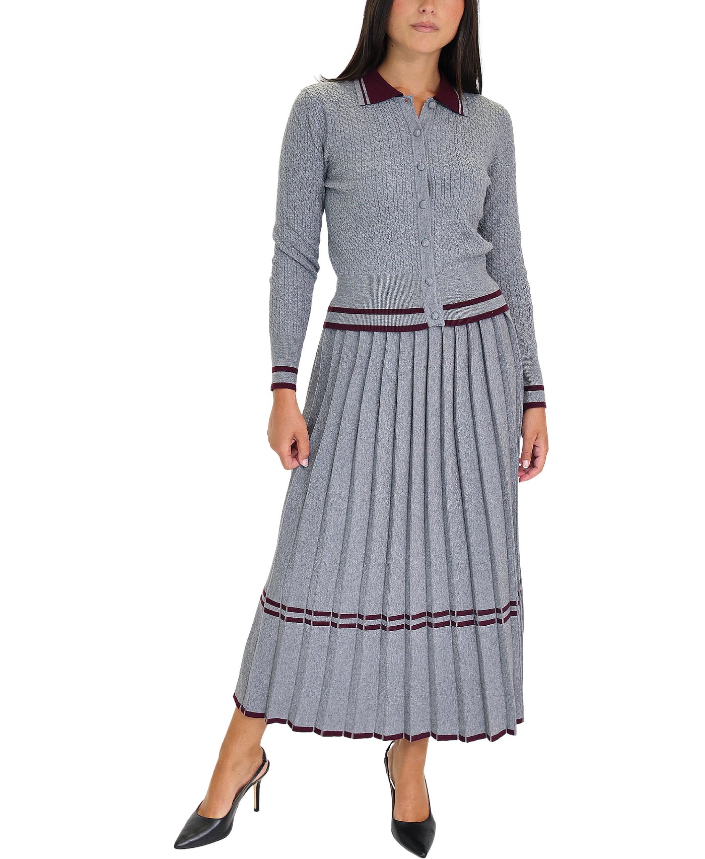 Cable Knit Cardigan & Pleated Skirt Set - 2 Pc Set view 1