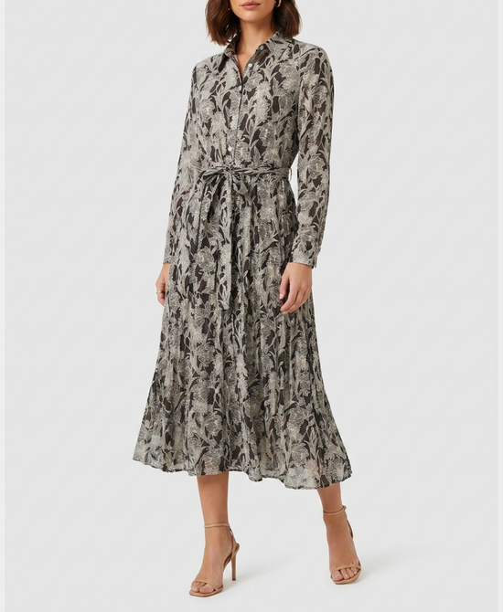 
Printed Midi Dress w/ Pleated Bottom in GREY MULTI view 1