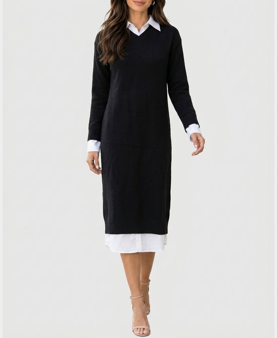 
Knit Maxi Dress w/ Shirt Underlay in BLACK/WHITE view 1