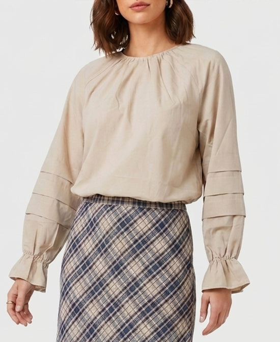 
Blouse w/ Tiered Sleeves & Drawstring Bottom in BEIGE view 1