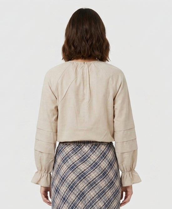
Blouse w/ Tiered Sleeves & Drawstring Bottom in BEIGE view 2