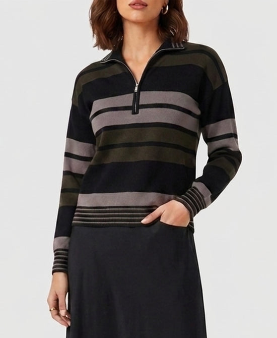 
Stripe Knit Zip Front Sweater in OLIVE MULTI view 1