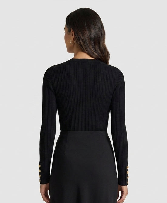 
Knit Ribbed Sweater w/ Faux Suede Trim in BLACK view 2