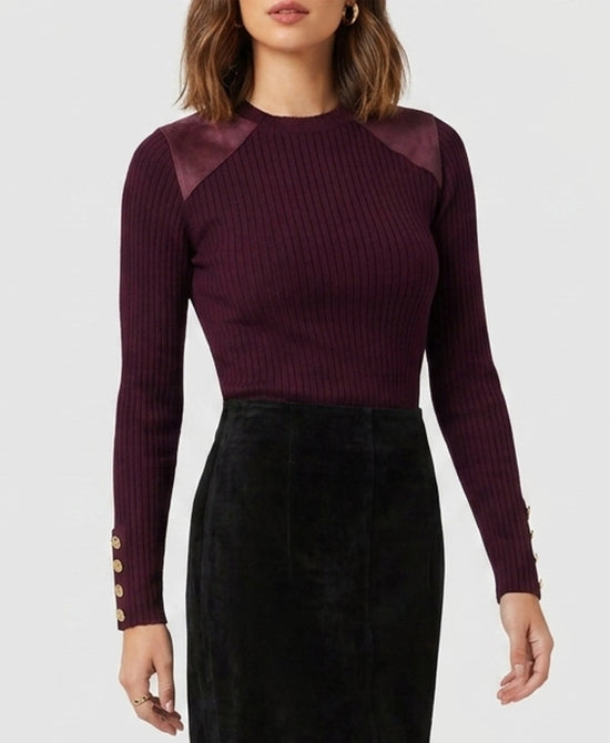 
Knit Ribbed Sweater w/ Faux Suede Trim in BURGUNDY view 1