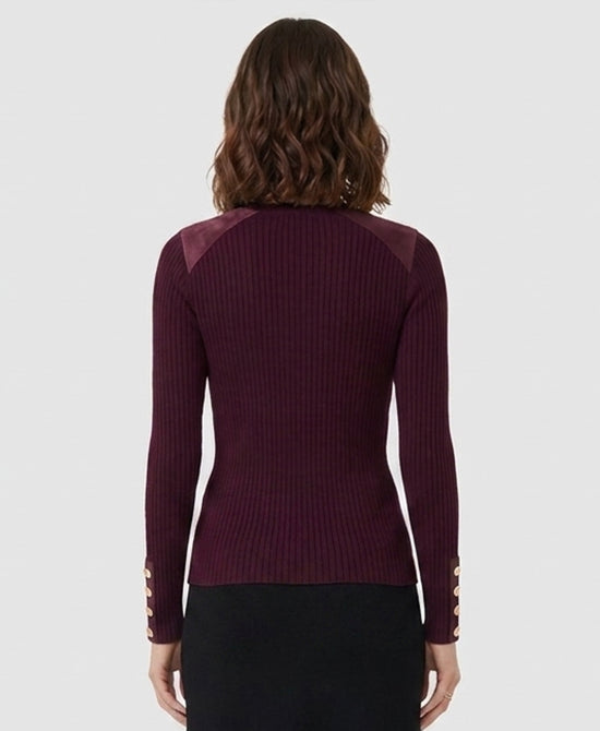 
Knit Ribbed Sweater w/ Faux Suede Trim in BURGUNDY view 2