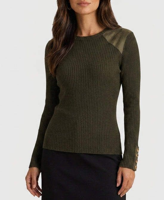 
Knit Ribbed Sweater w/ Faux Suede Trim in OLIVE view 1