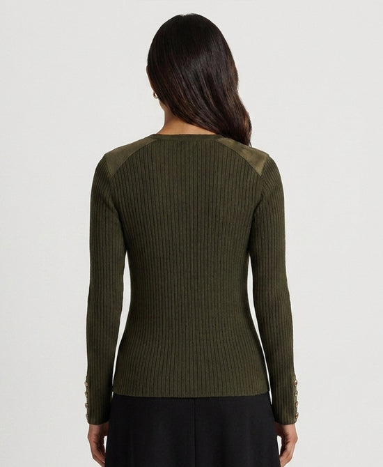 
Knit Ribbed Sweater w/ Faux Suede Trim in OLIVE view 2