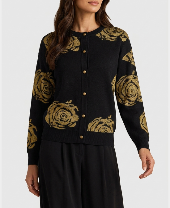 
Floral Print Metallic Cardigan in BLACK/GOLD view 1