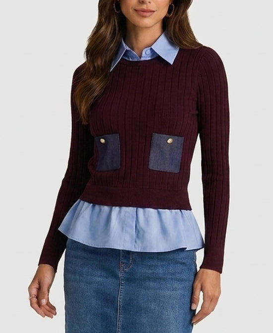 
Knit Mixed Media Top in BURGUNDY/BLUE view 1