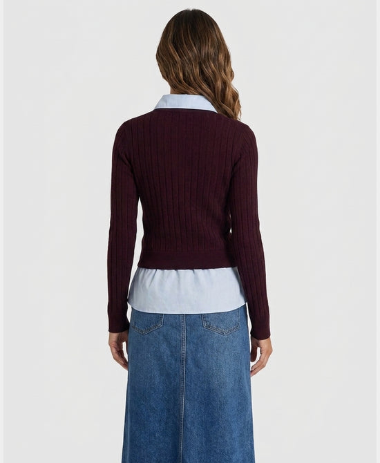 
Knit Mixed Media Top in BURGUNDY/BLUE view 2