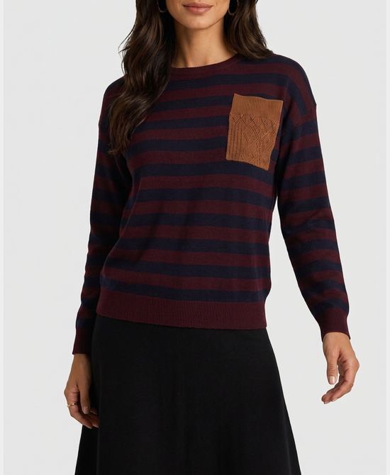 
Stripe Sweater w/ Crochet Pocket in BURGUNDY/NAVY view 1