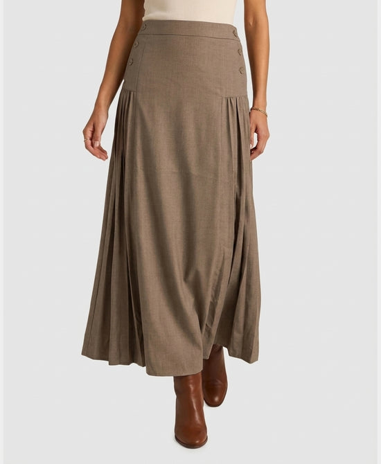 
Drop Waist Pleated Midi Skirt w/ Side Buttons in TAUPE view 1