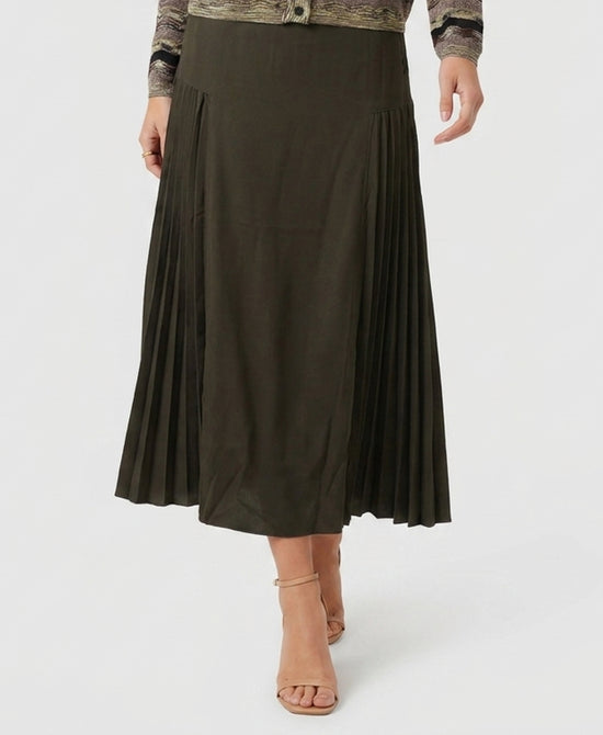 
Drop Waist Pleated Midi Skirt w/ Side Buttons in OLIVE view 1