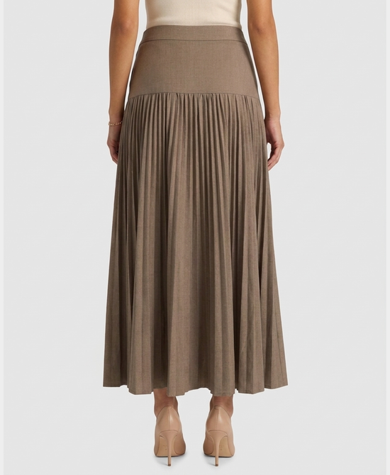 
Drop Waist Pleated Midi Skirt w/ Side Buttons in TAUPE view 2