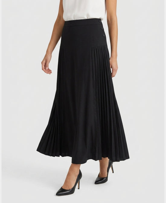 
Drop Waist Pleated Midi Skirt w/ Side Buttons in BLACK view 1