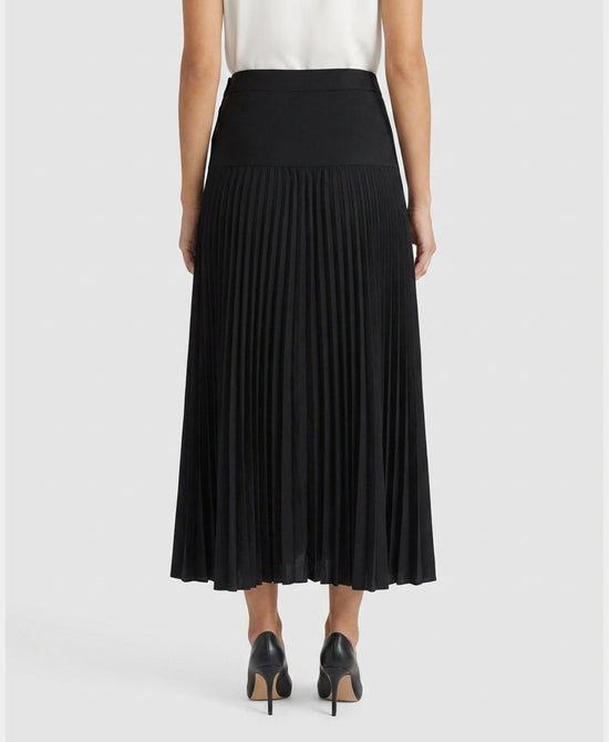 
Drop Waist Pleated Midi Skirt w/ Side Buttons in BLACK view 2
